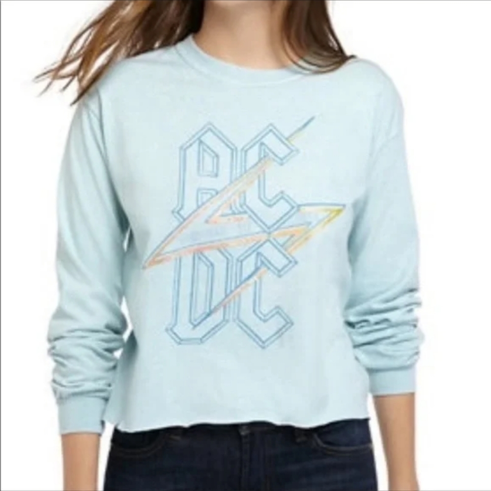 AC/DC crop top band graphic t-shirt blue orange sz LARGE